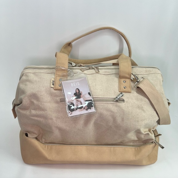 Beis The Weekender Beige Canvas Tote Bag Overnight Zipper Travel - Picture 5 of 12